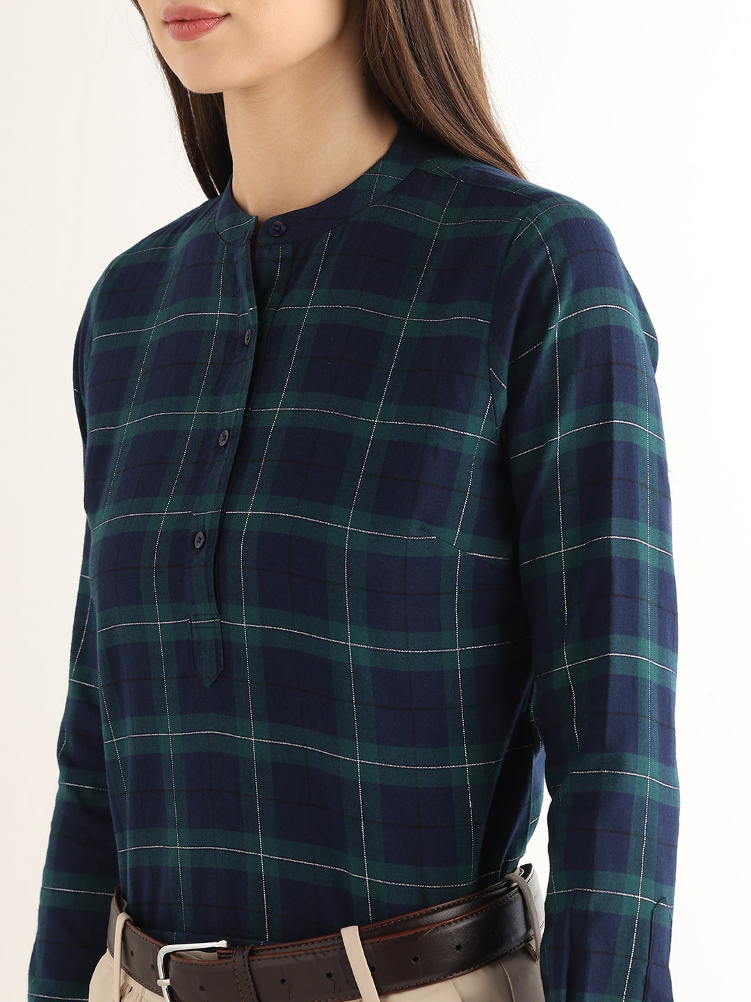 Hancock Women Navy Blue & Green Checked Pure Cotton Regular Fit Formal Top