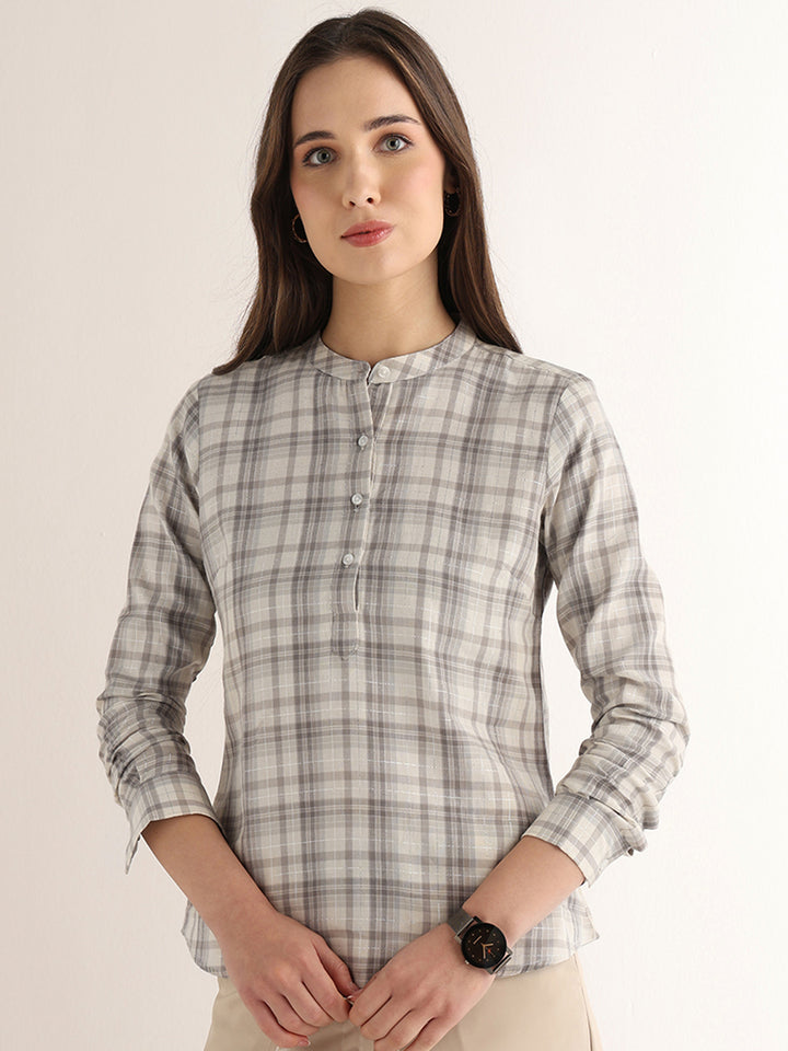 Hancock Women Cream & Grey Checked Pure Cotton Regular Fit Formal Top