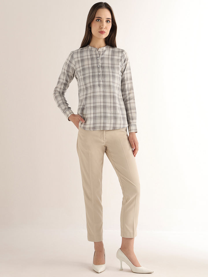 Hancock Women Cream & Grey Checked Pure Cotton Regular Fit Formal Top