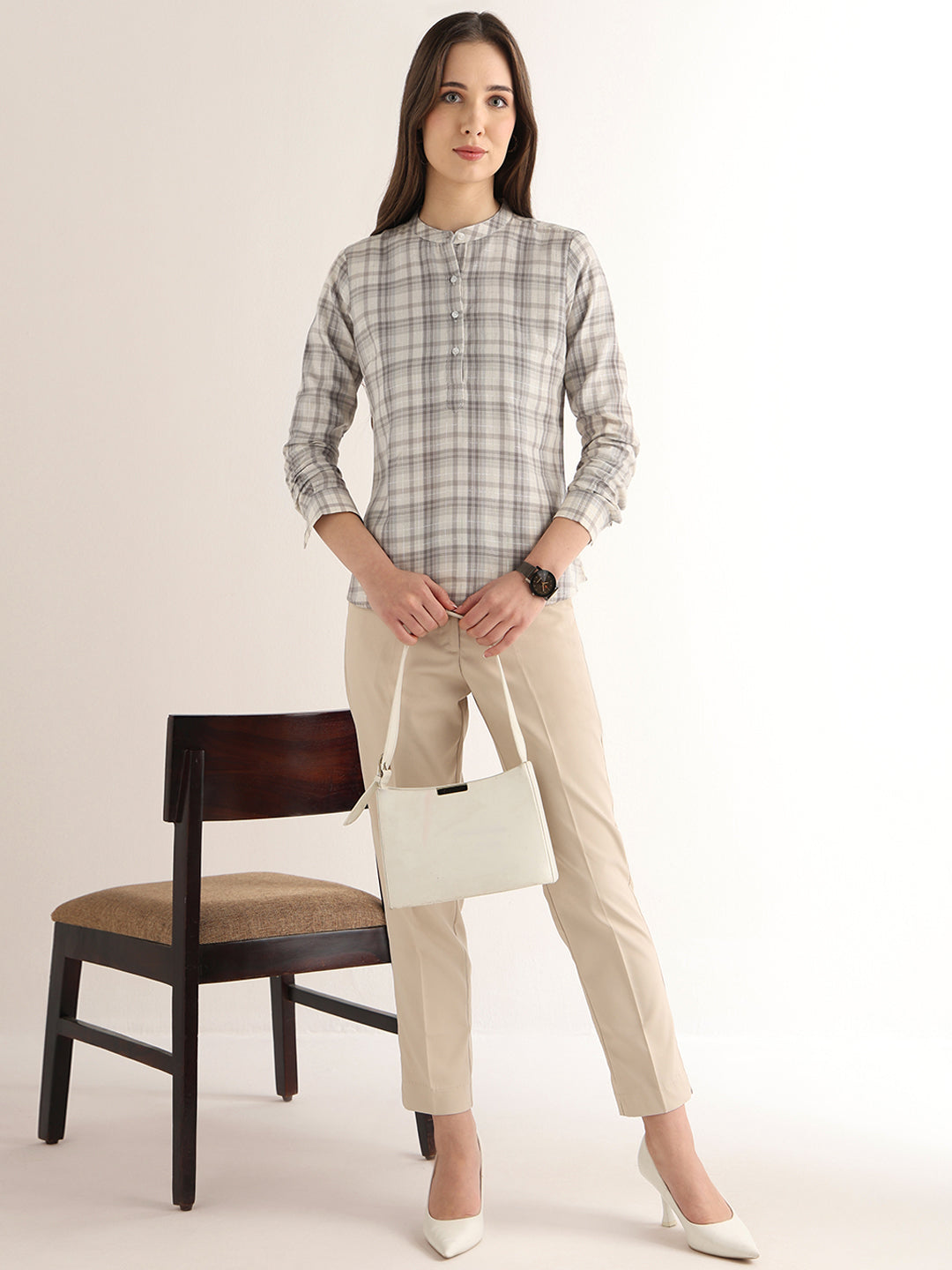 Hancock Women Cream & Grey Checked Pure Cotton Regular Fit Formal Top