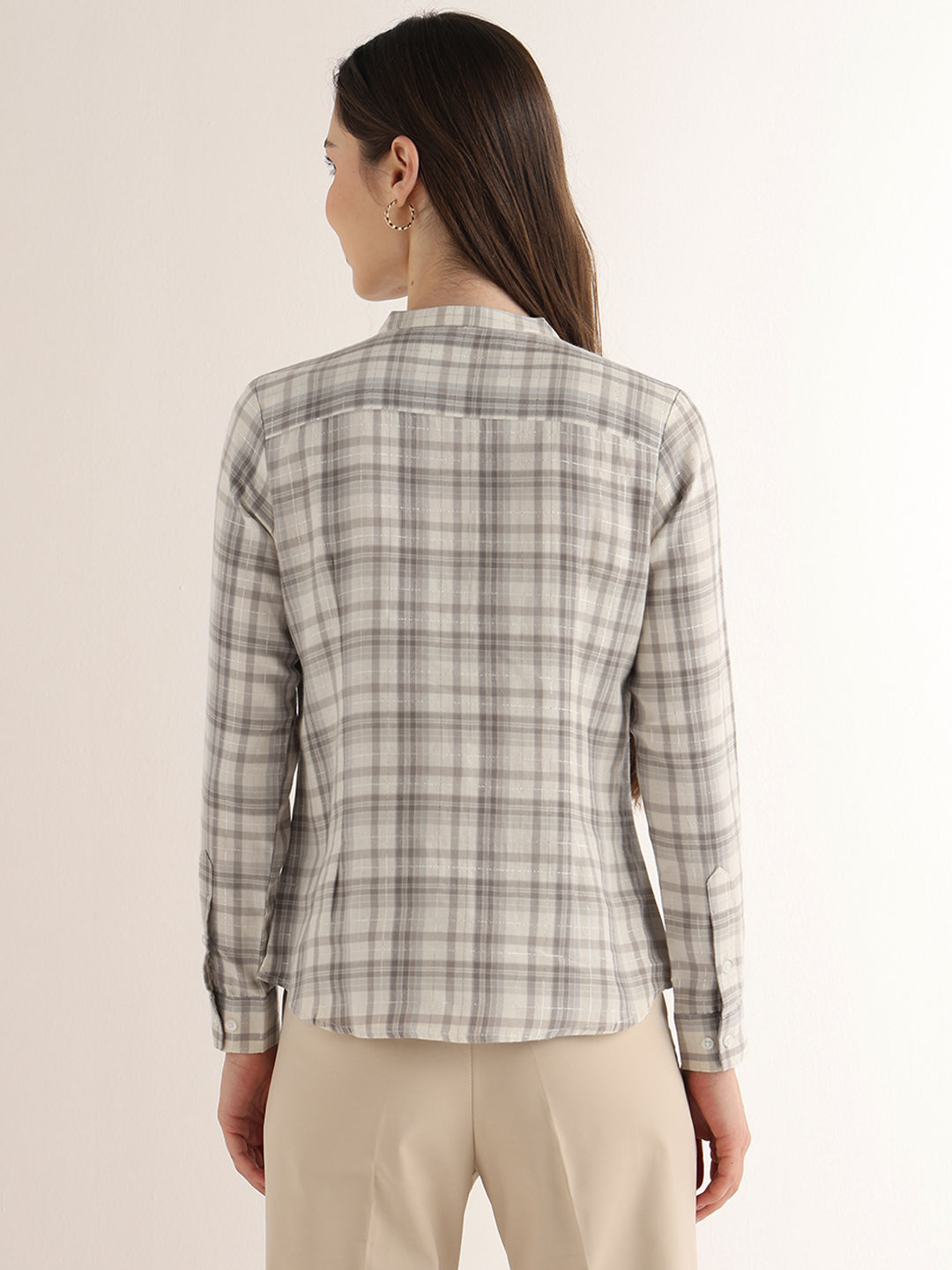 Hancock Women Cream & Grey Checked Pure Cotton Regular Fit Formal Top