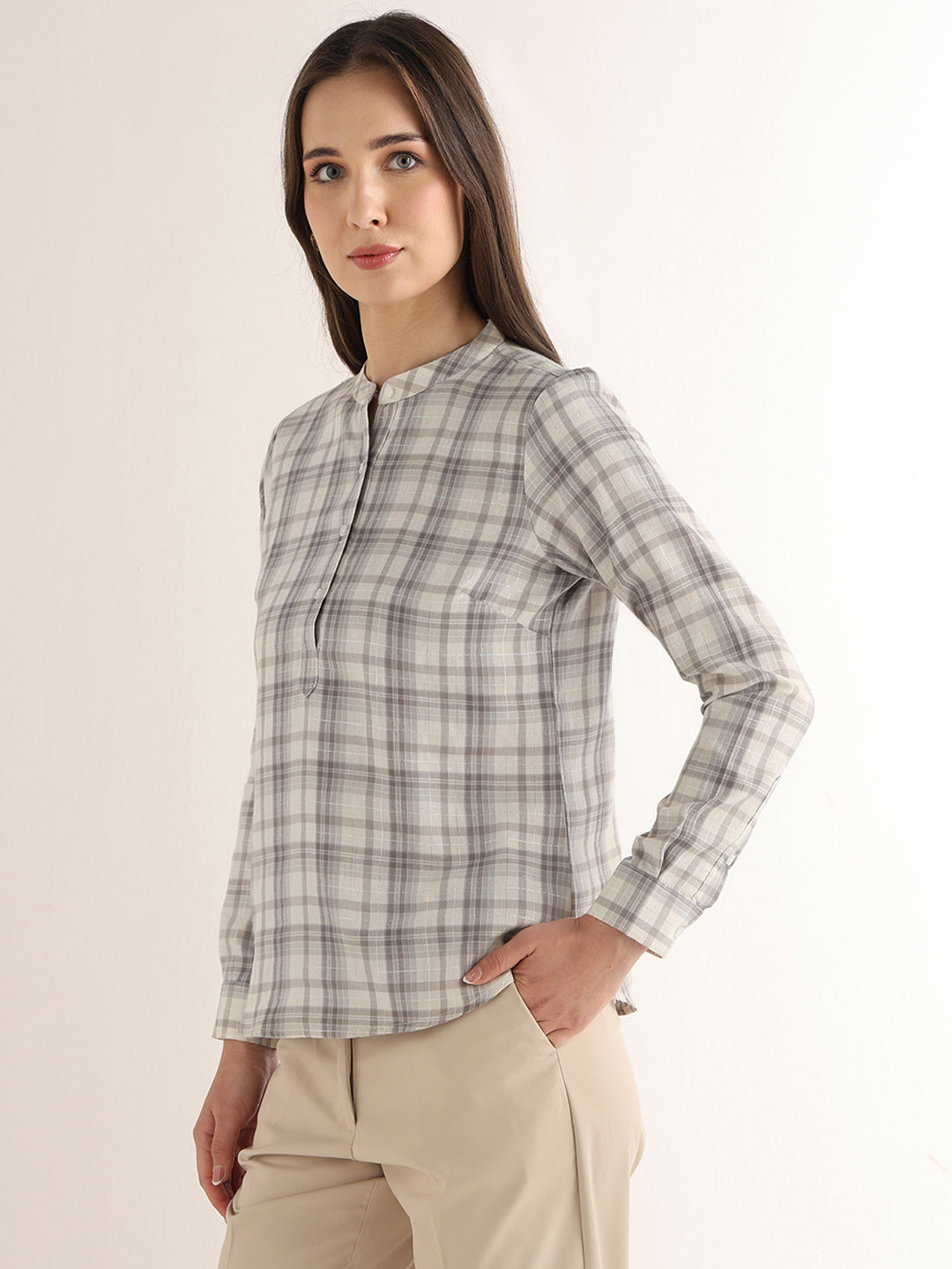 Hancock Women Cream & Grey Checked Pure Cotton Regular Fit Formal Top