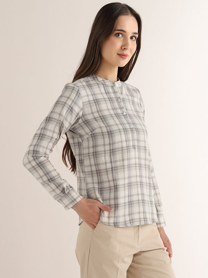 Hancock Women Cream & Grey Checked Pure Cotton Regular Fit Formal Top