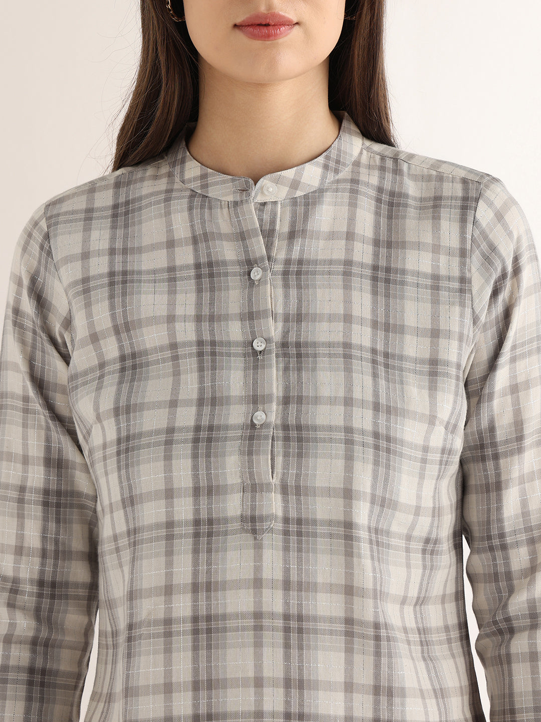Hancock Women Cream & Grey Checked Pure Cotton Regular Fit Formal Top