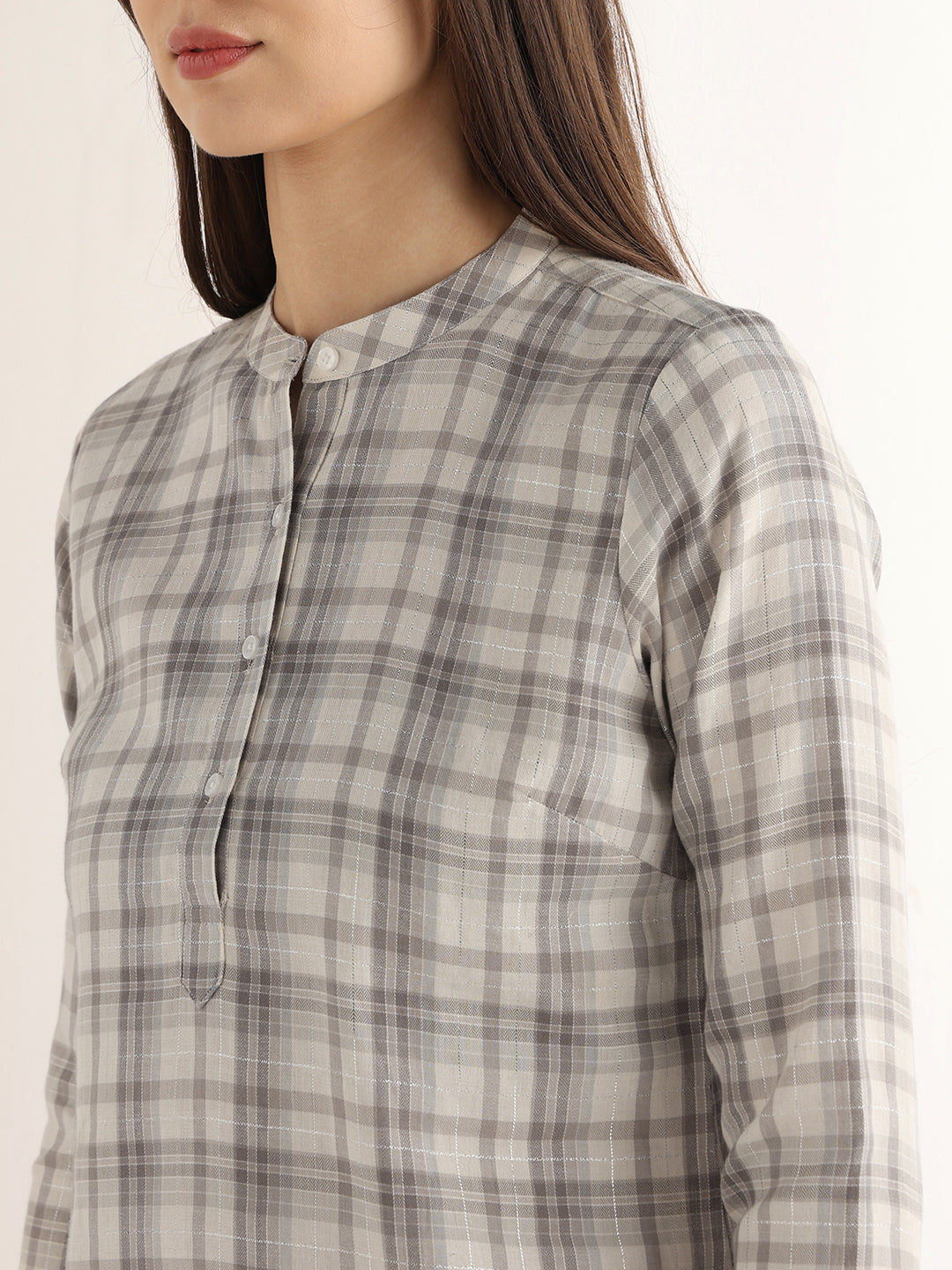 Hancock Women Cream & Grey Checked Pure Cotton Regular Fit Formal Top