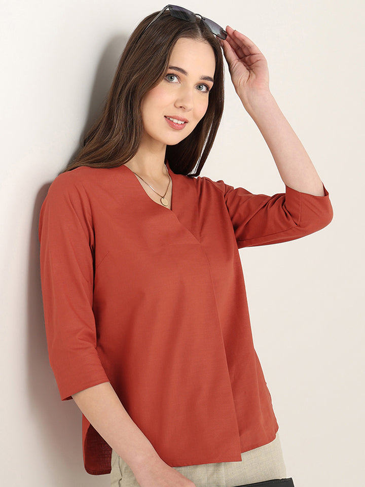 Hancock Women Rust Solid Pure Cotton Regular Fit Formal Top