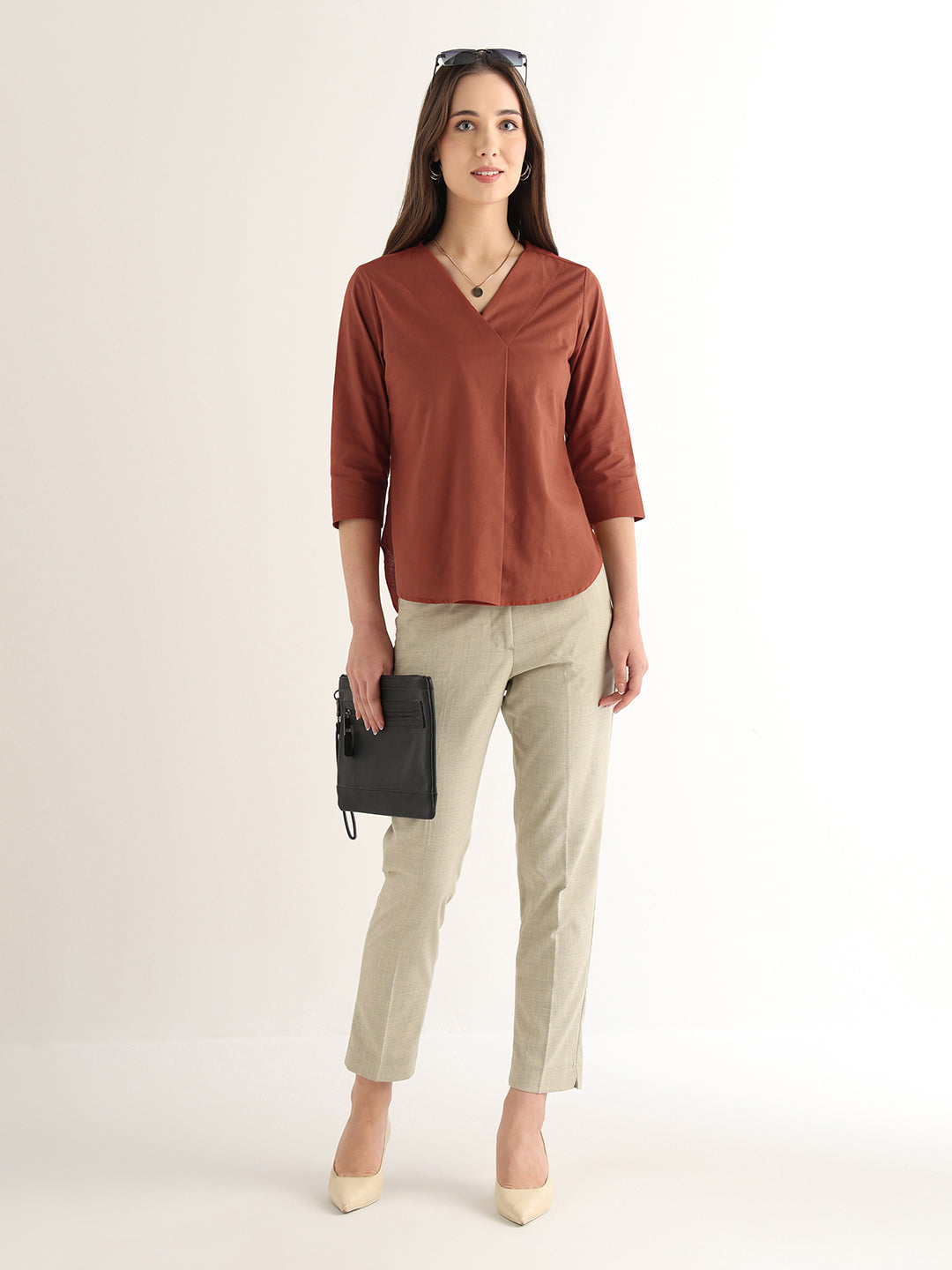 Hancock Women Rust Solid Pure Cotton Regular Fit Formal Top
