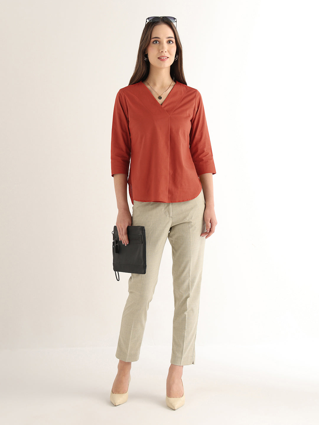 Hancock Women Rust Solid Pure Cotton Regular Fit Formal Top