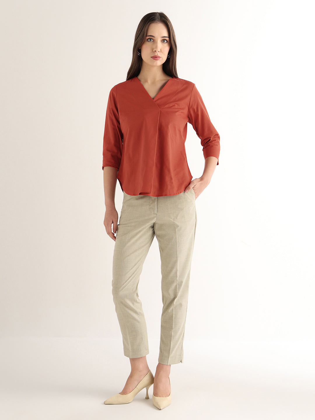 Hancock Women Rust Solid Pure Cotton Regular Fit Formal Top