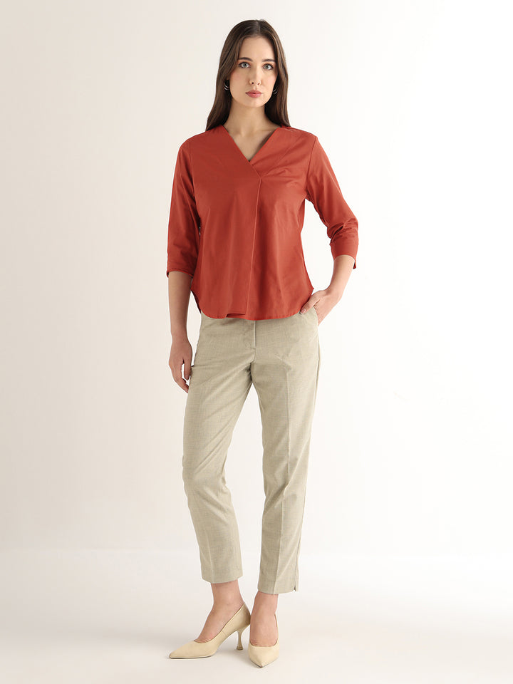 Hancock Women Rust Solid Pure Cotton Regular Fit Formal Top