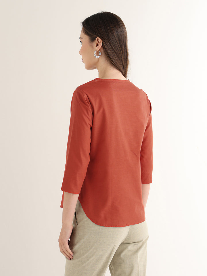 Hancock Women Rust Solid Pure Cotton Regular Fit Formal Top