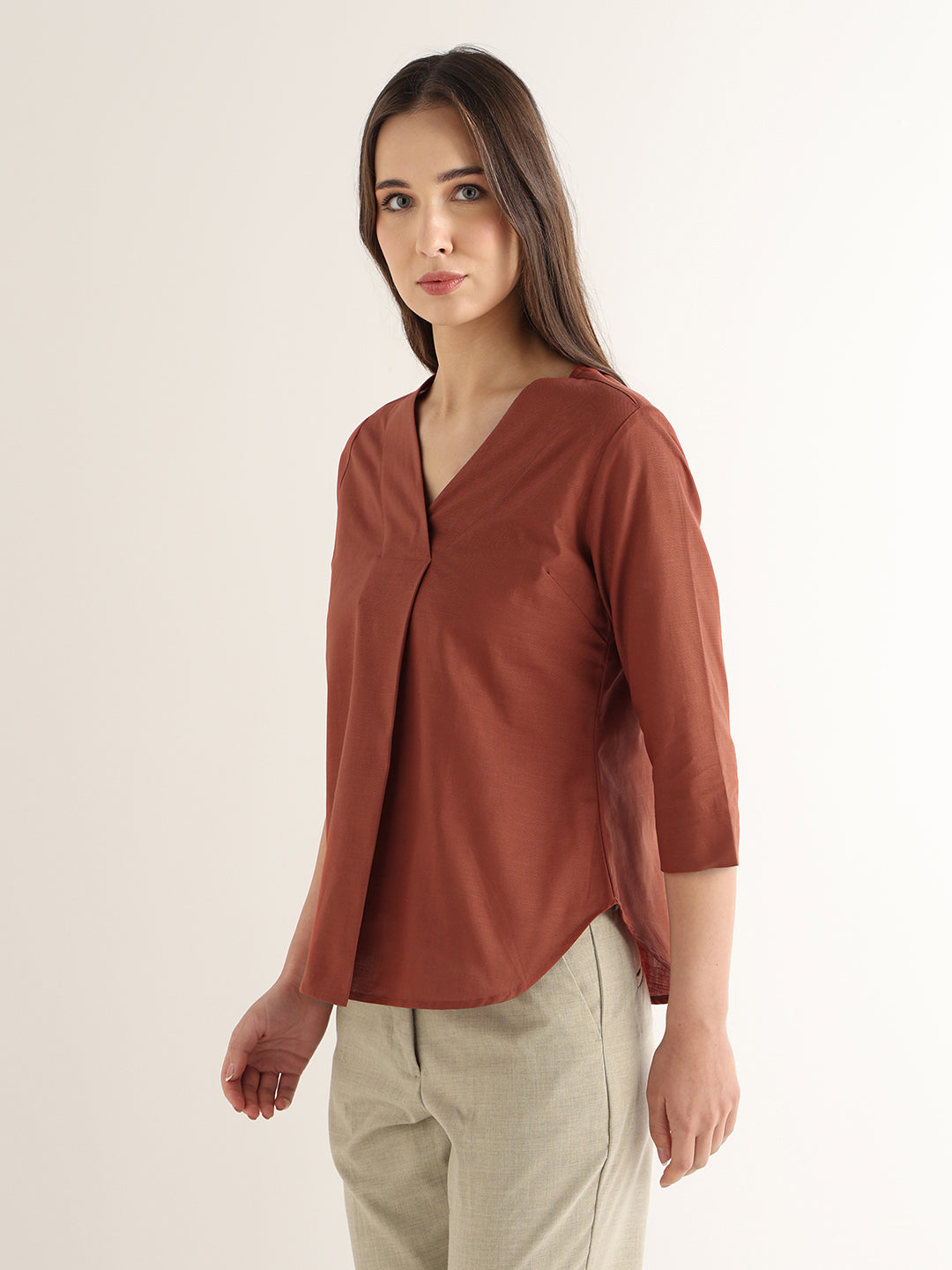 Hancock Women Rust Solid Pure Cotton Regular Fit Formal Top