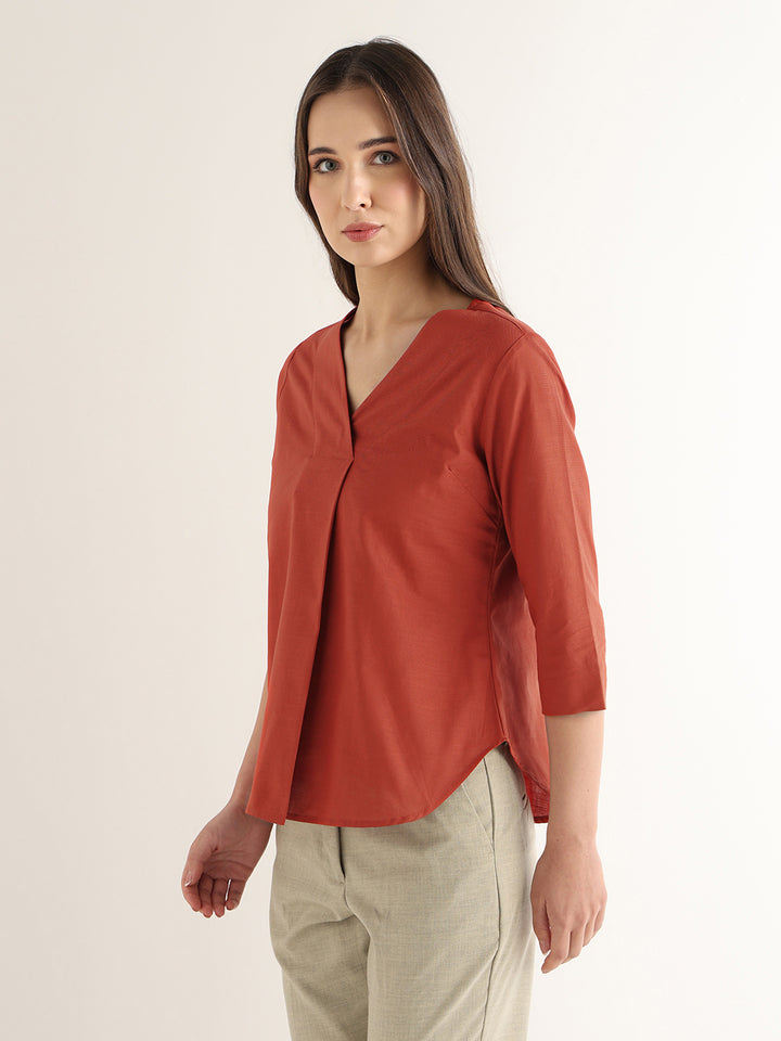 Hancock Women Rust Solid Pure Cotton Regular Fit Formal Top