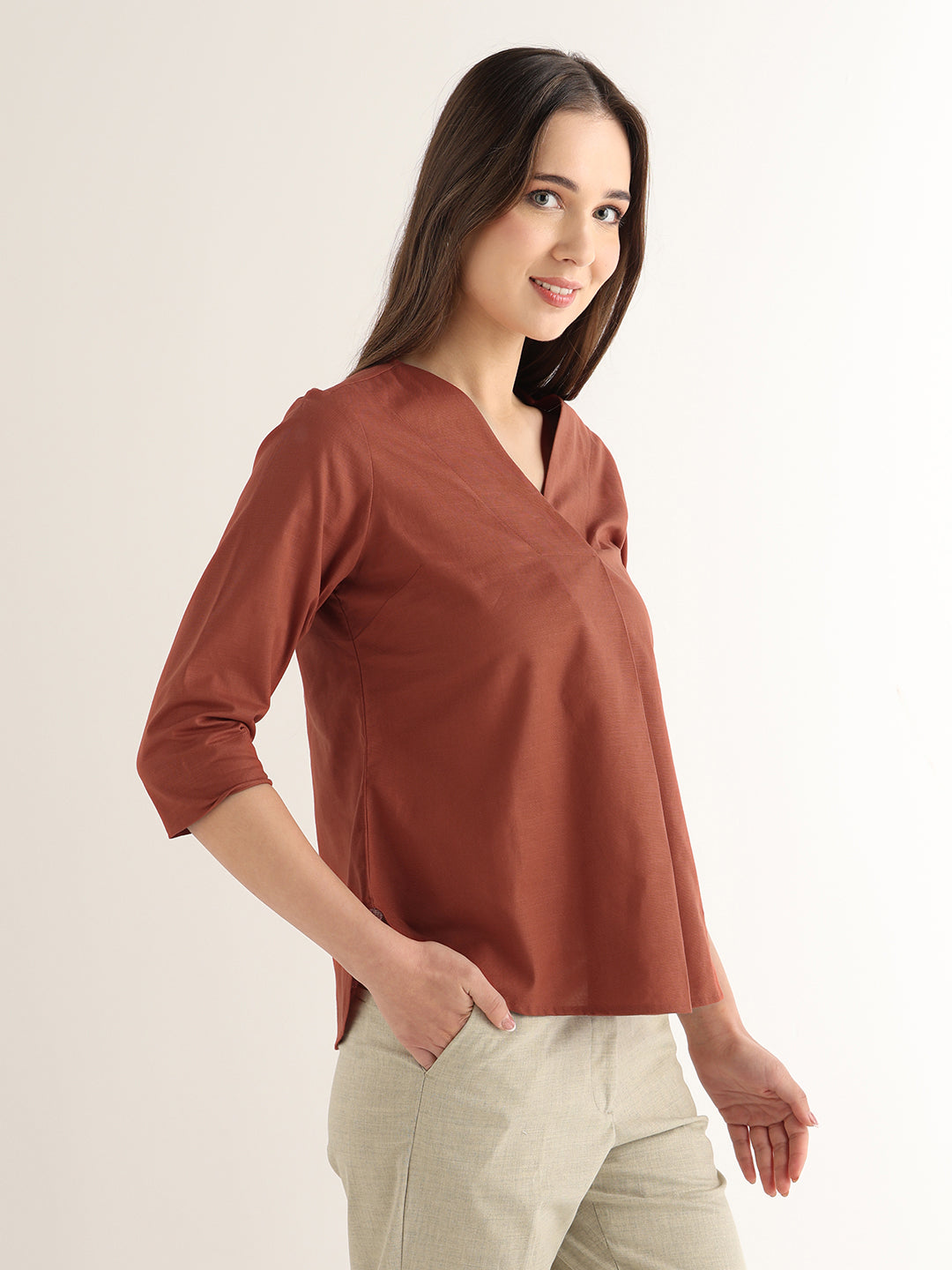 Hancock Women Rust Solid Pure Cotton Regular Fit Formal Top
