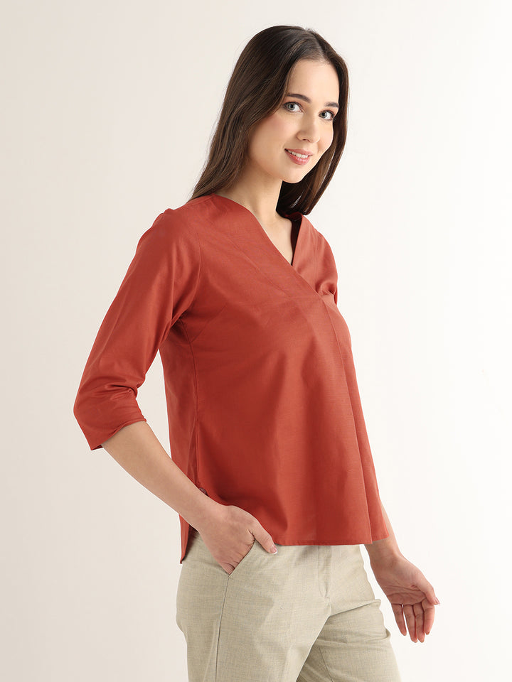 Hancock Women Rust Solid Pure Cotton Regular Fit Formal Top