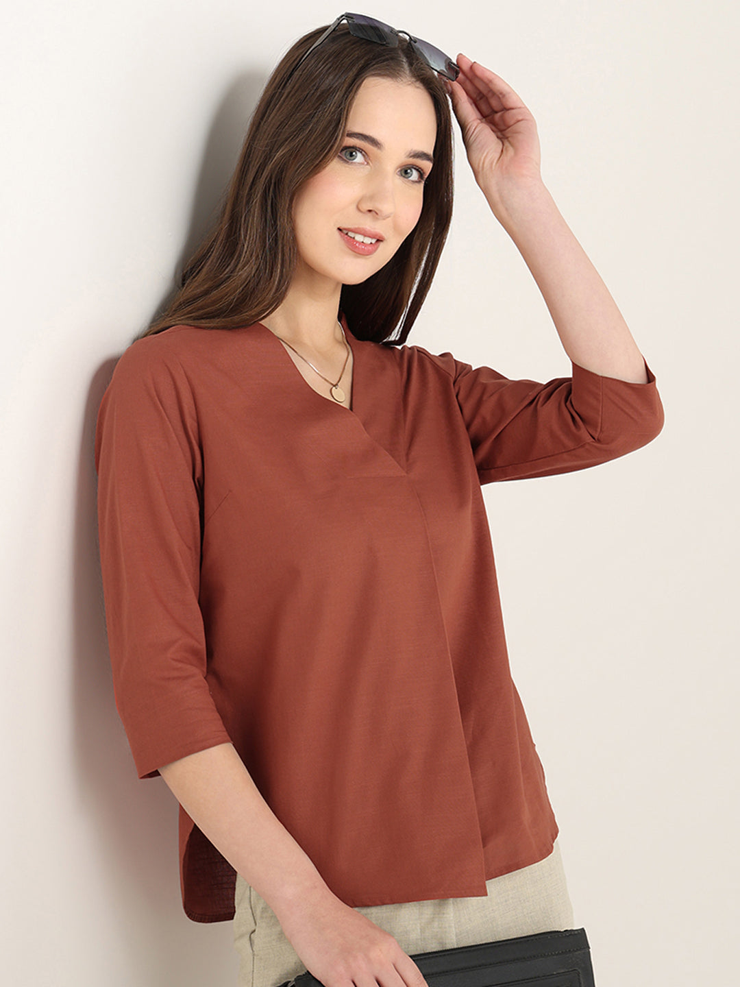 Hancock Women Rust Solid Pure Cotton Regular Fit Formal Top
