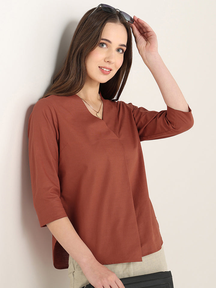 Hancock Women Rust Solid Pure Cotton Regular Fit Formal Top