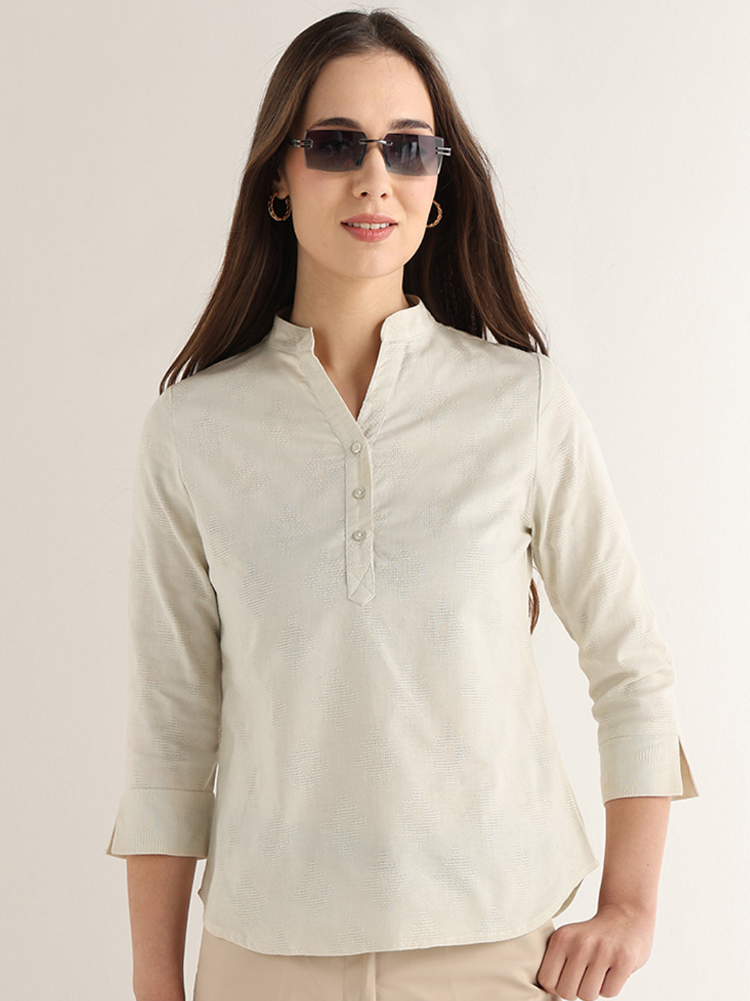Hancock Women Cream Solid Self Design Pure Cotton Regular Fit Formal Top