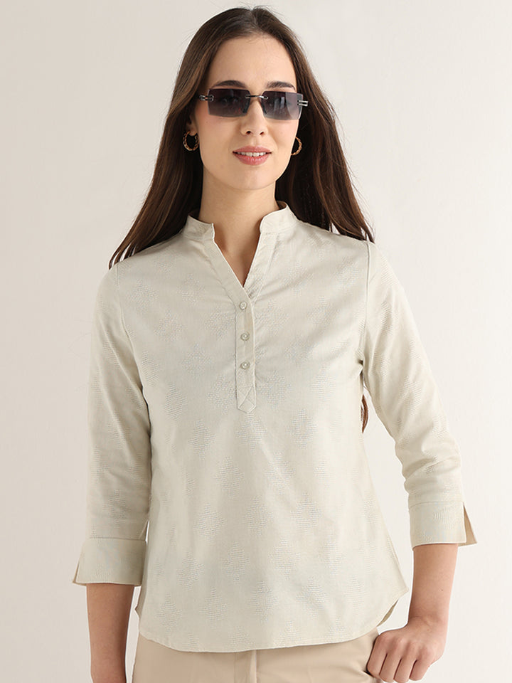 Hancock Women Cream Solid Self Design Pure Cotton Regular Fit Formal Top