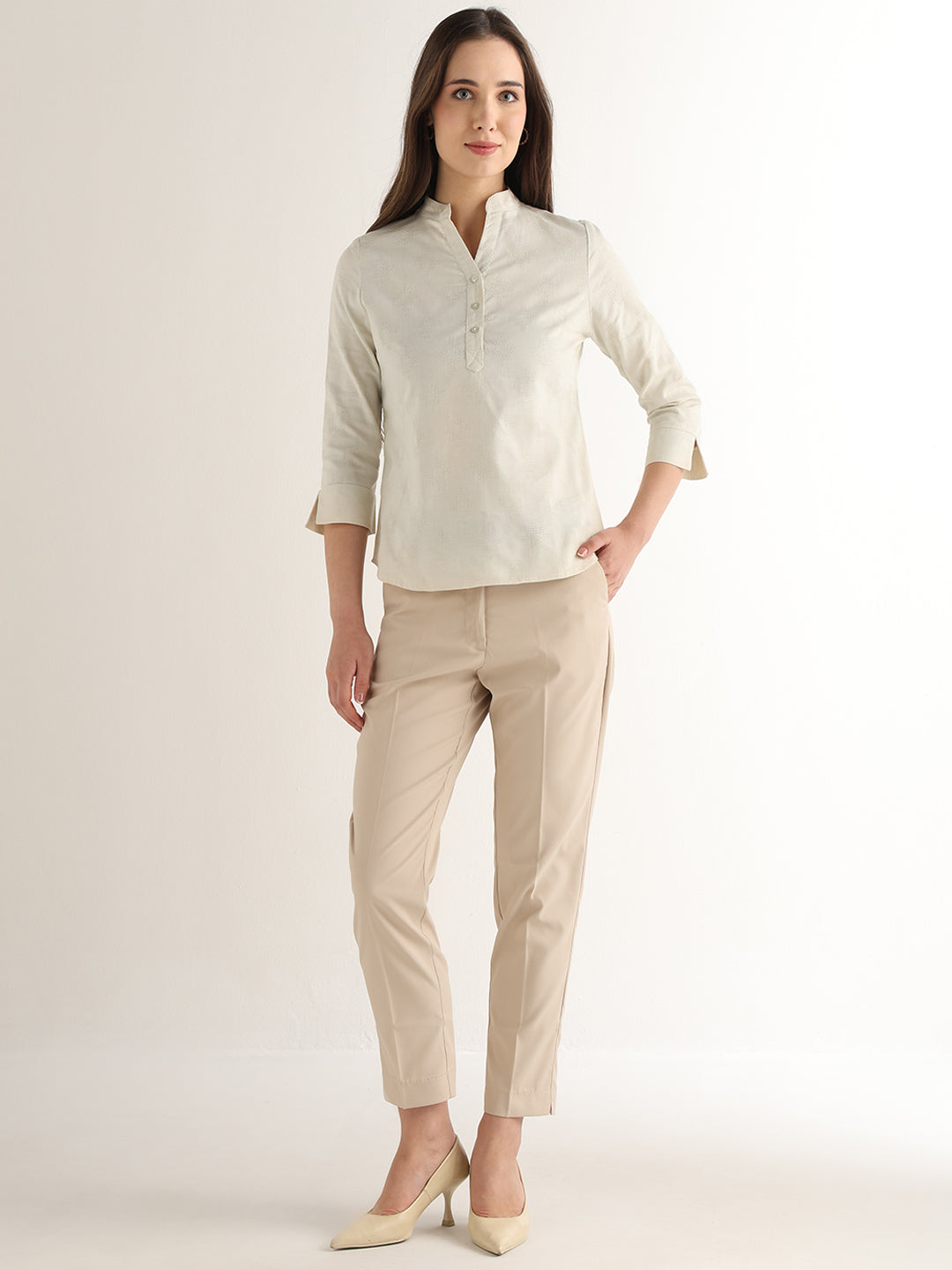 Hancock Women Cream Solid Self Design Pure Cotton Regular Fit Formal Top