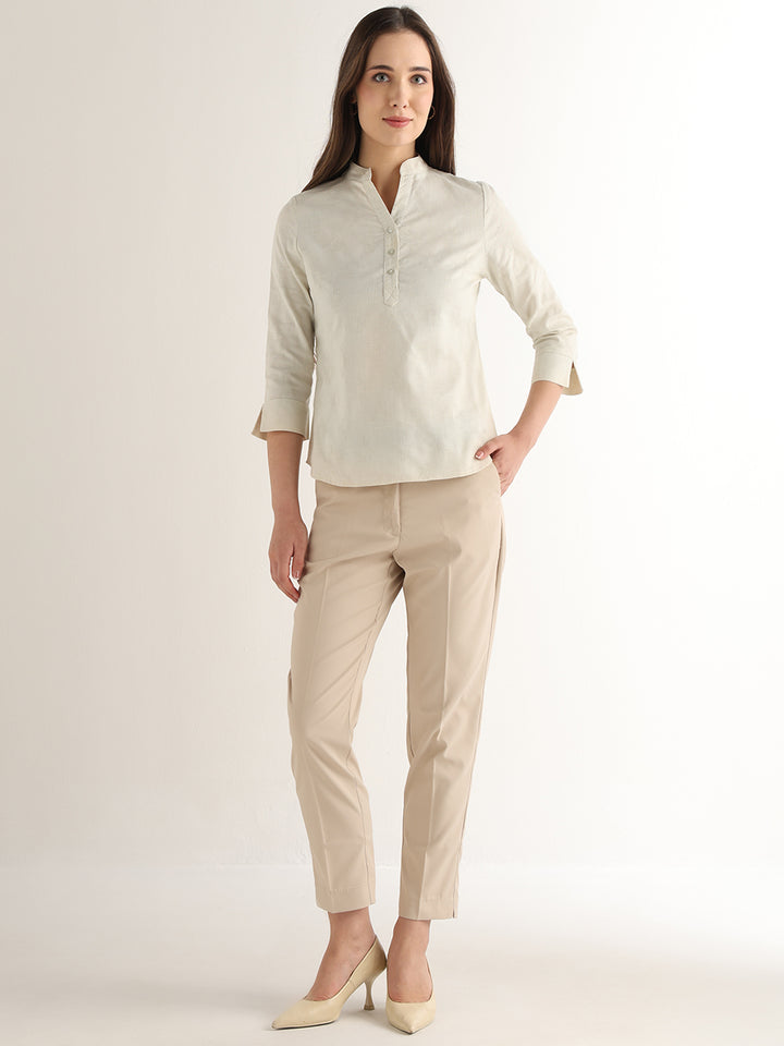 Hancock Women Cream Solid Self Design Pure Cotton Regular Fit Formal Top