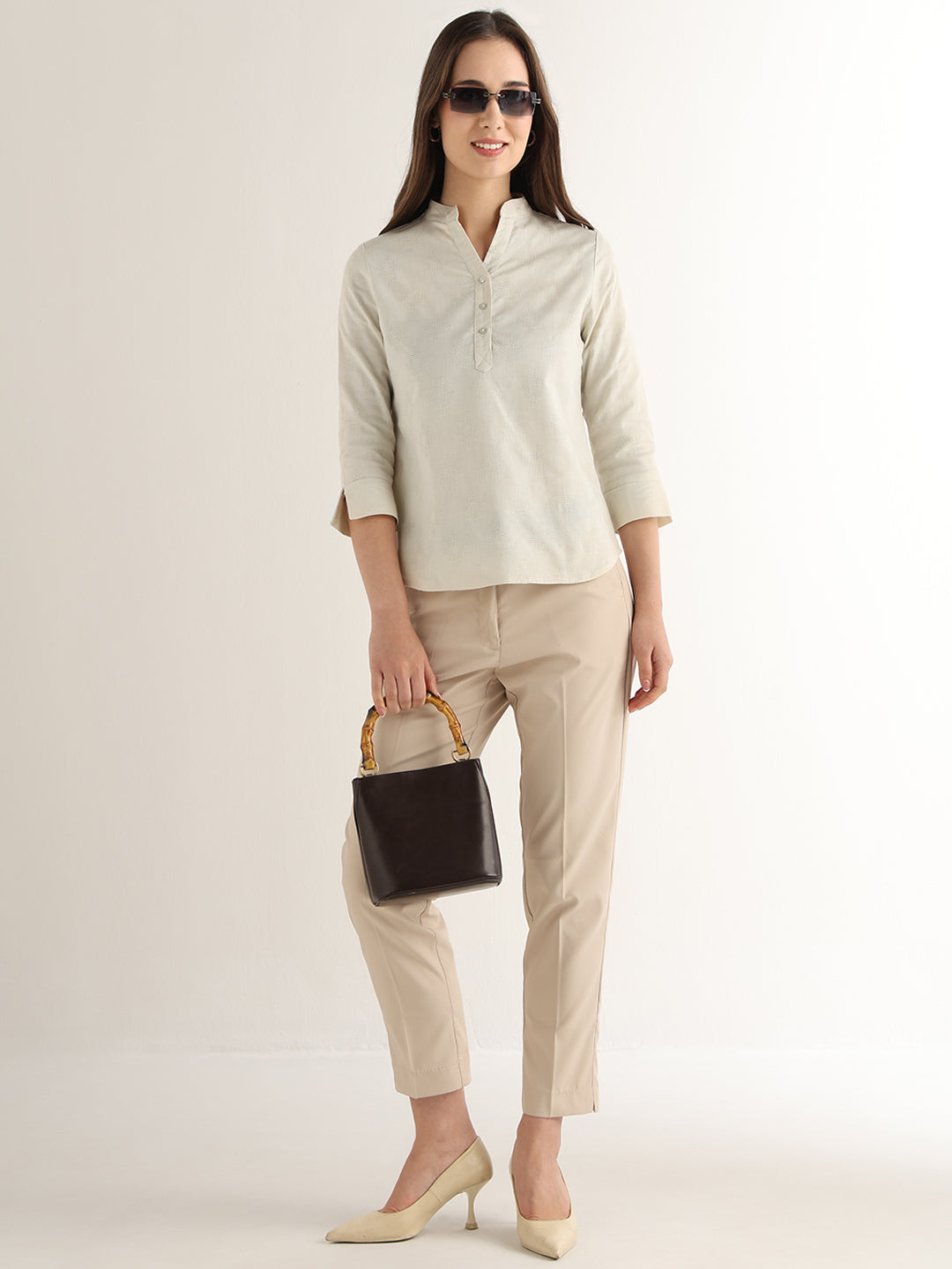 Hancock Women Cream Solid Self Design Pure Cotton Regular Fit Formal Top