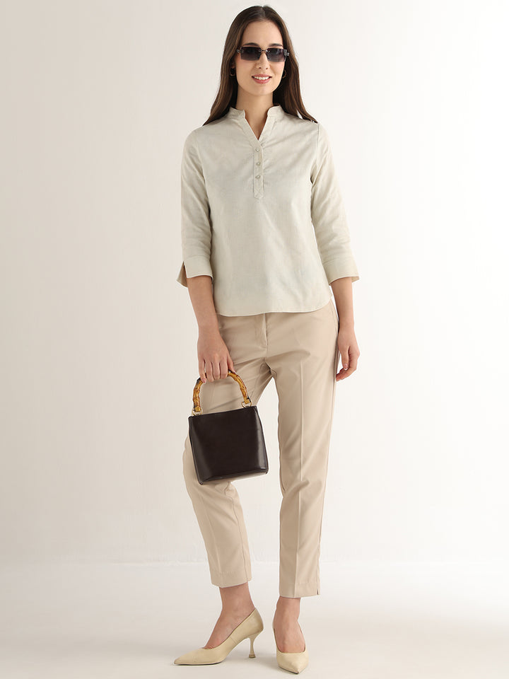 Hancock Women Cream Solid Self Design Pure Cotton Regular Fit Formal Top