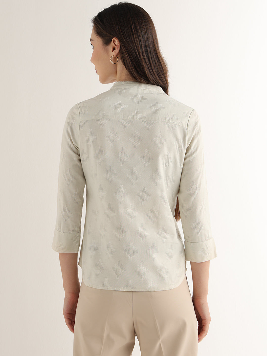 Hancock Women Cream Solid Self Design Pure Cotton Regular Fit Formal Top