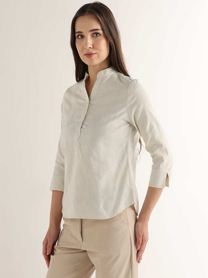 Hancock Women Cream Solid Self Design Pure Cotton Regular Fit Formal Top