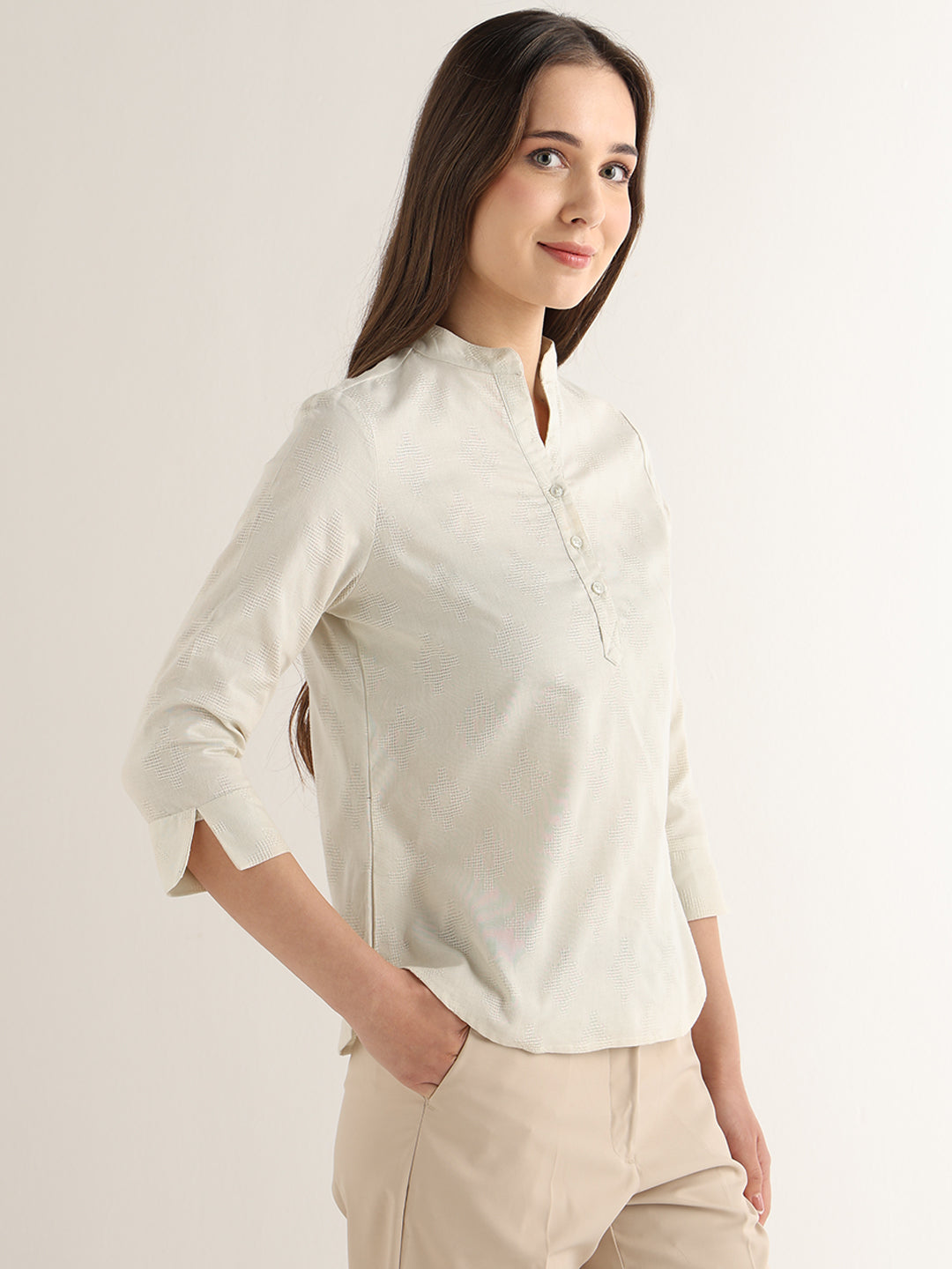 Hancock Women Cream Solid Self Design Pure Cotton Regular Fit Formal Top