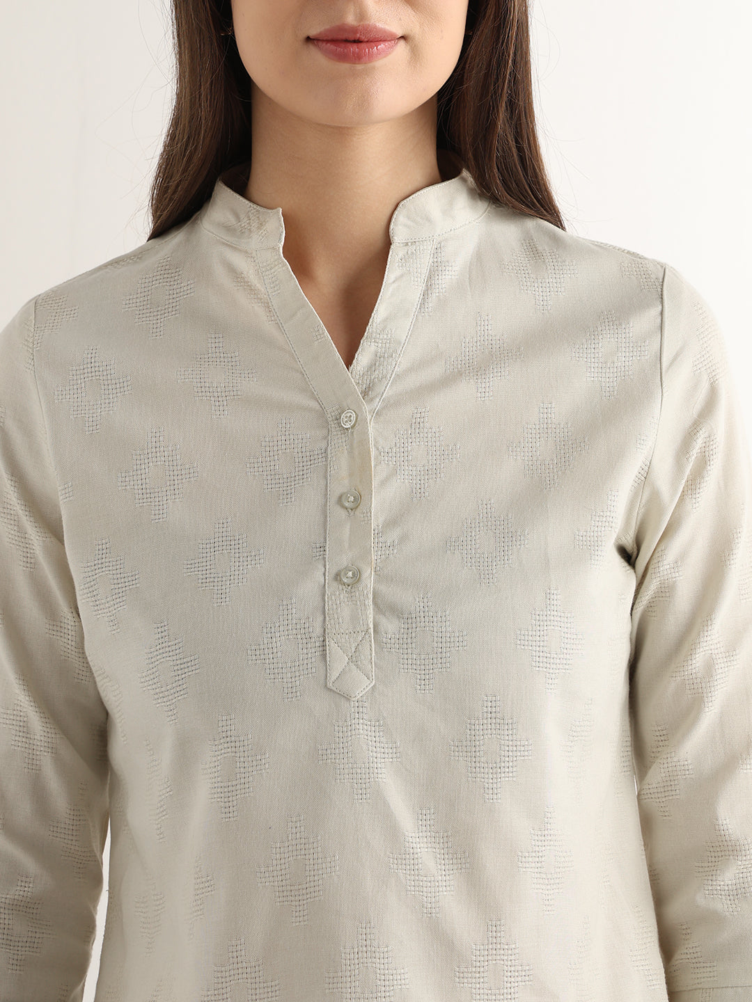 Hancock Women Cream Solid Self Design Pure Cotton Regular Fit Formal Top