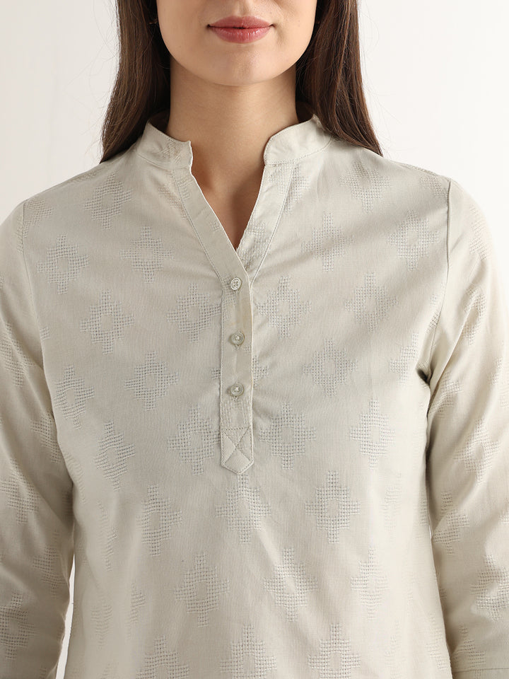Hancock Women Cream Solid Self Design Pure Cotton Regular Fit Formal Top