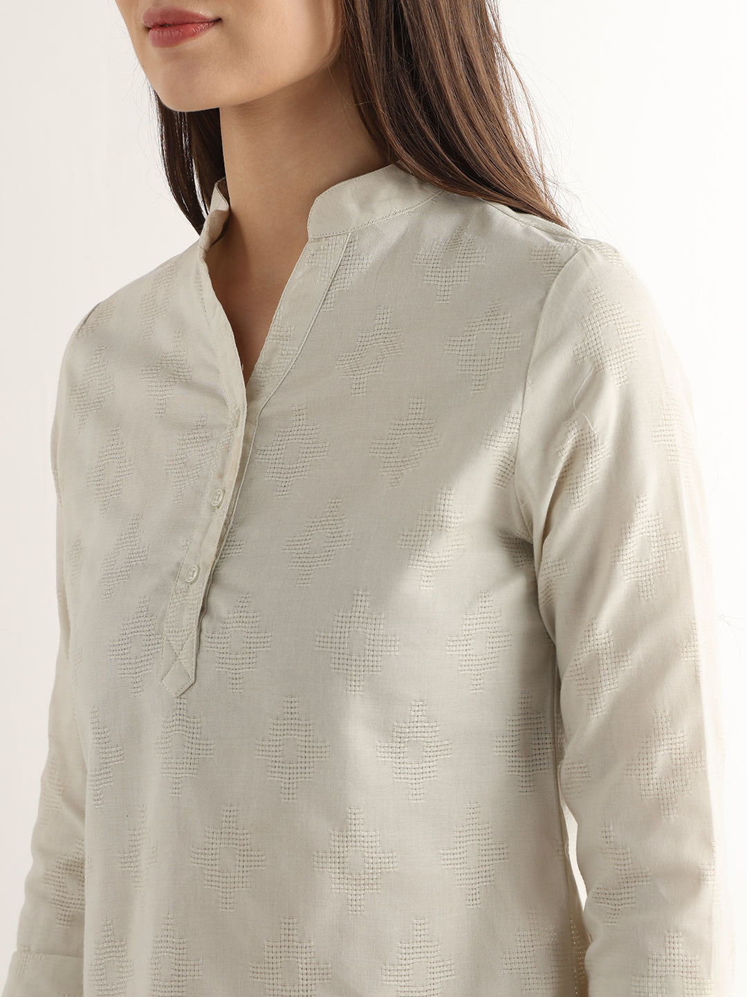 Hancock Women Cream Solid Self Design Pure Cotton Regular Fit Formal Top
