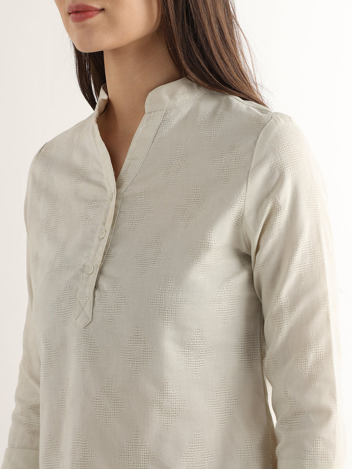 Hancock Women Cream Solid Self Design Pure Cotton Regular Fit Formal Top