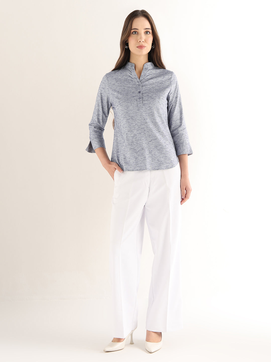 Hancock Women Grey Solid Self Design Pure Cotton Regular Fit Formal Top