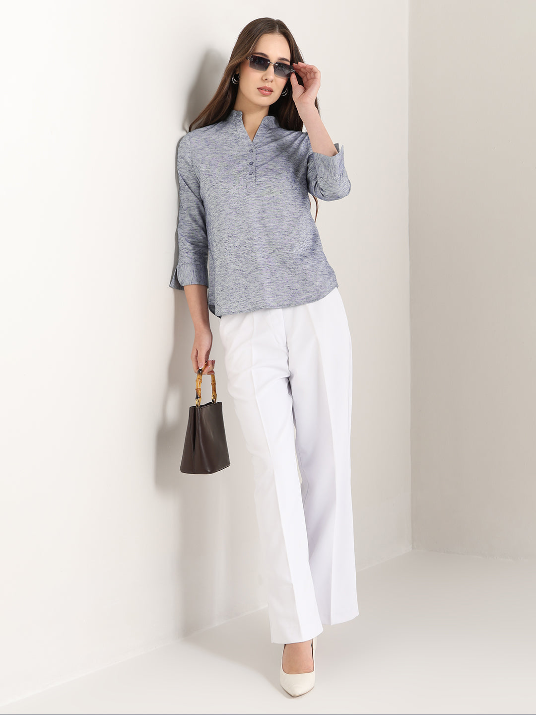 Hancock Women Grey Solid Self Design Pure Cotton Regular Fit Formal Top