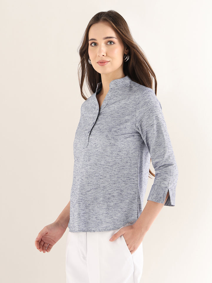 Hancock Women Grey Solid Self Design Pure Cotton Regular Fit Formal Top