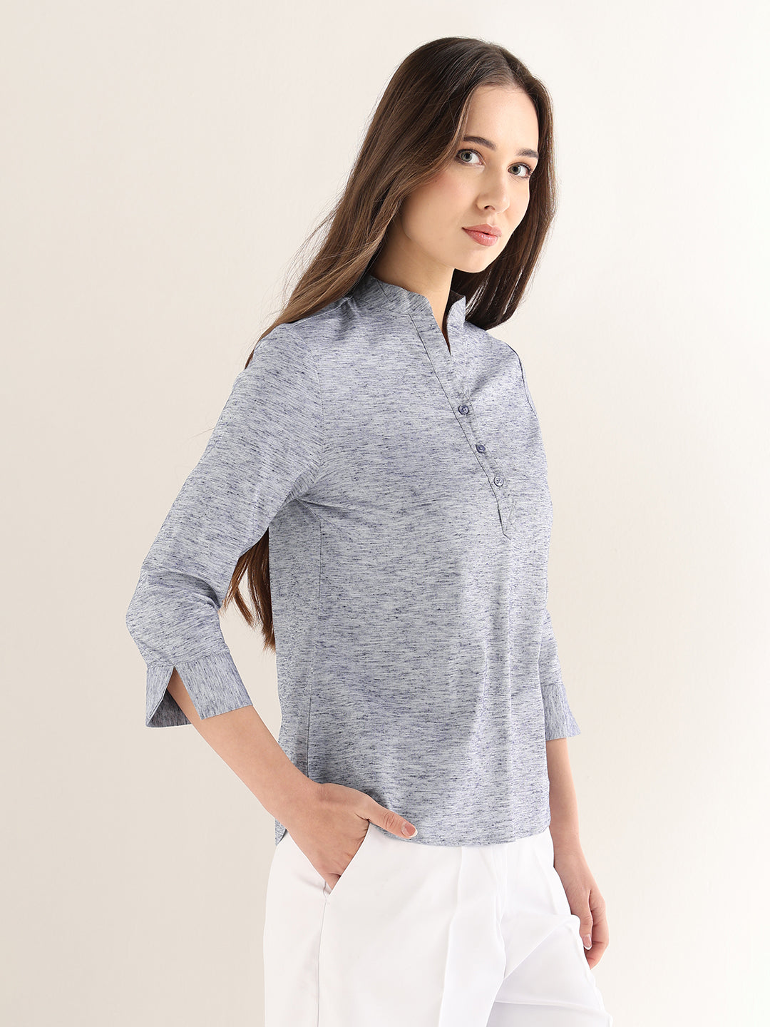 Hancock Women Grey Solid Self Design Pure Cotton Regular Fit Formal Top