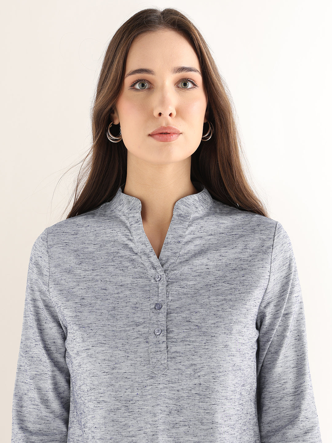Hancock Women Grey Solid Self Design Pure Cotton Regular Fit Formal Top