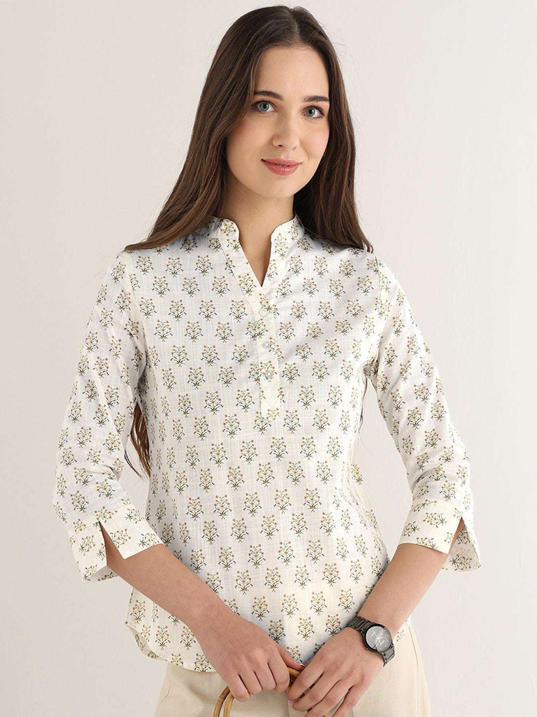 Hancock Women White Printed Pure Cotton Regular Fit Formal Top
