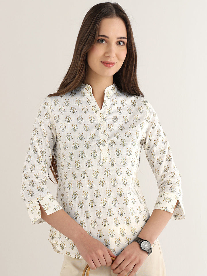 Hancock Women White Printed Pure Cotton Regular Fit Formal Top