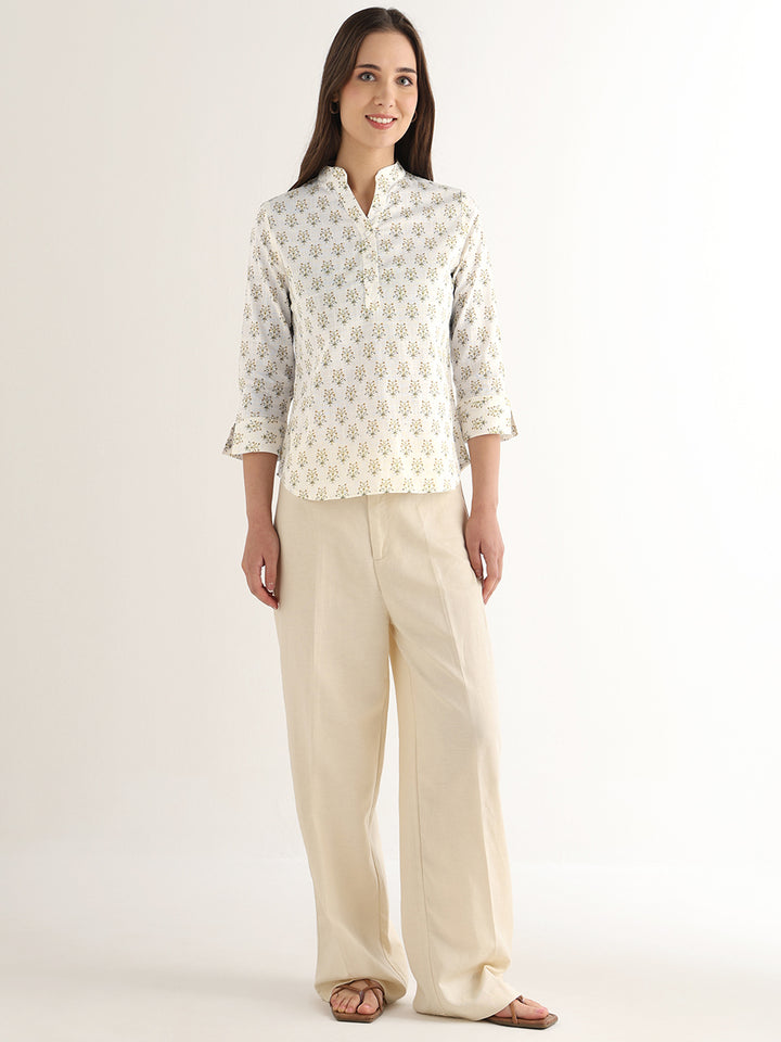 Hancock Women White Printed Pure Cotton Regular Fit Formal Top