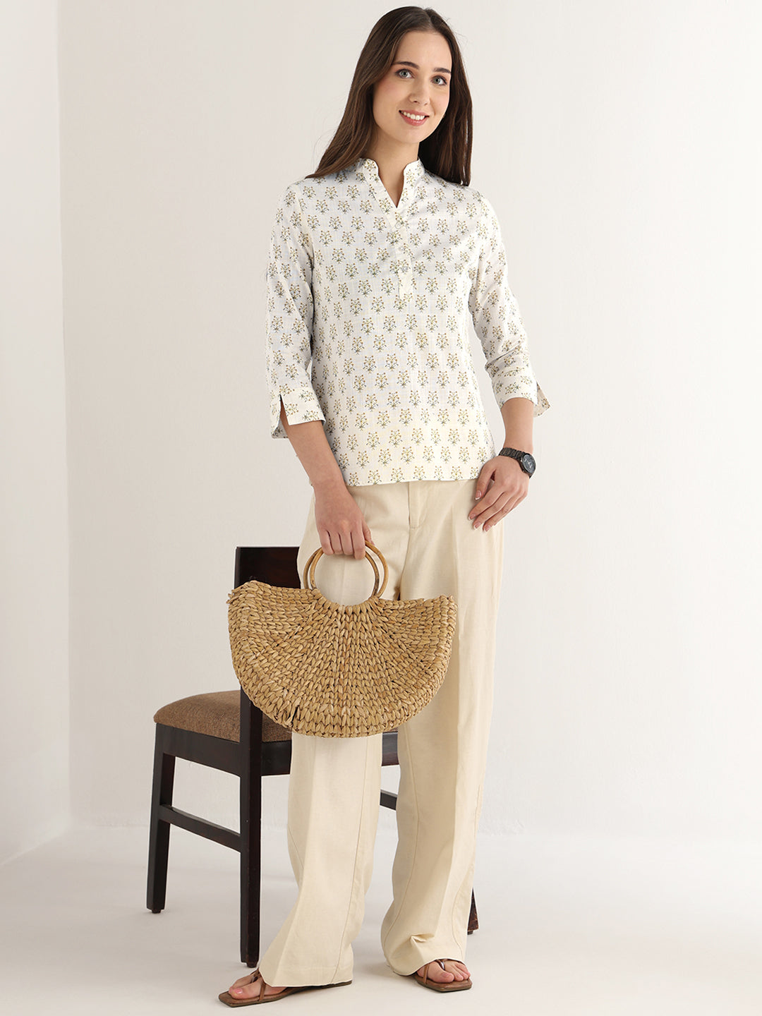 Hancock Women White Printed Pure Cotton Regular Fit Formal Top