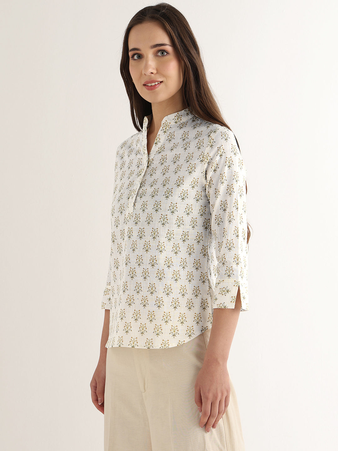 Hancock Women White Printed Pure Cotton Regular Fit Formal Top