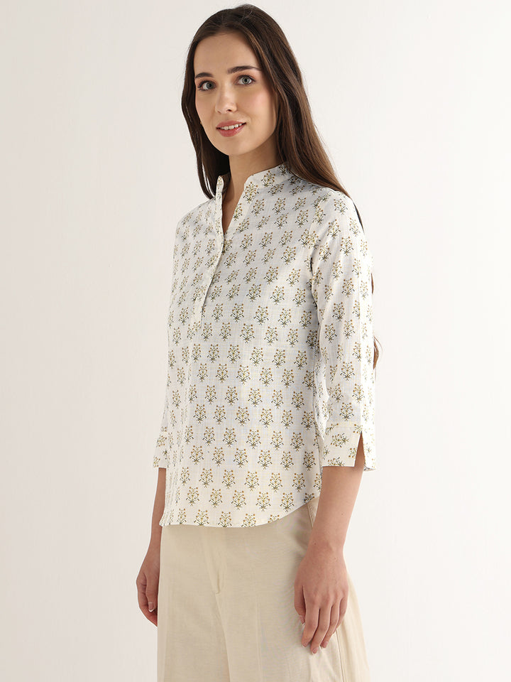 Hancock Women White Printed Pure Cotton Regular Fit Formal Top