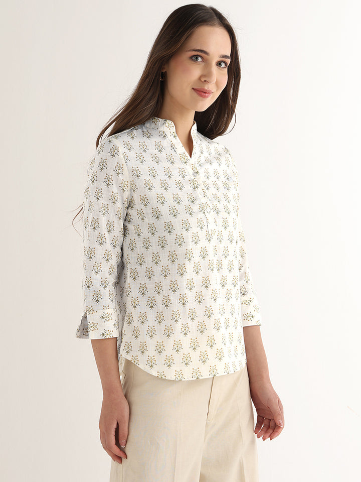 Hancock Women White Printed Pure Cotton Regular Fit Formal Top