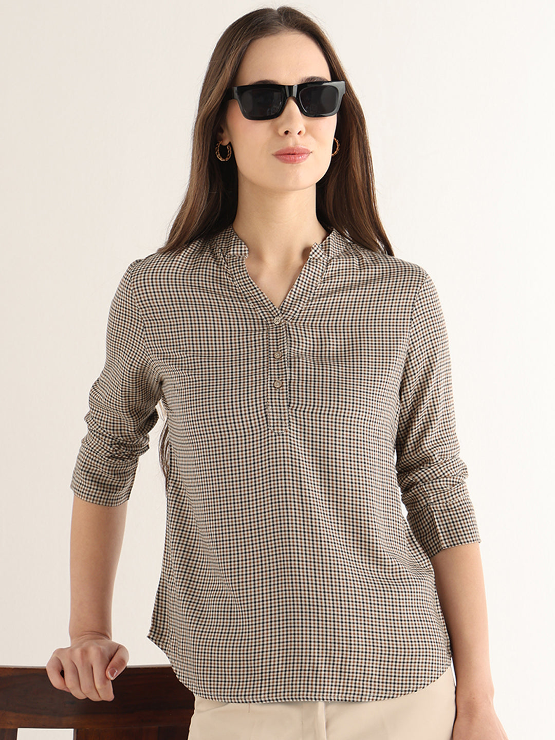 Hancock Women Beige & Brown Checked Viscose Rayon Regular Fit Formal Top