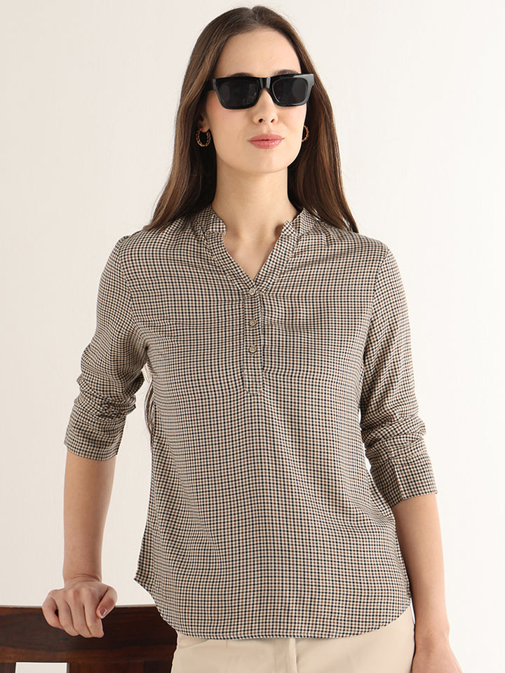 Hancock Women Beige & Brown Checked Viscose Rayon Regular Fit Formal Top