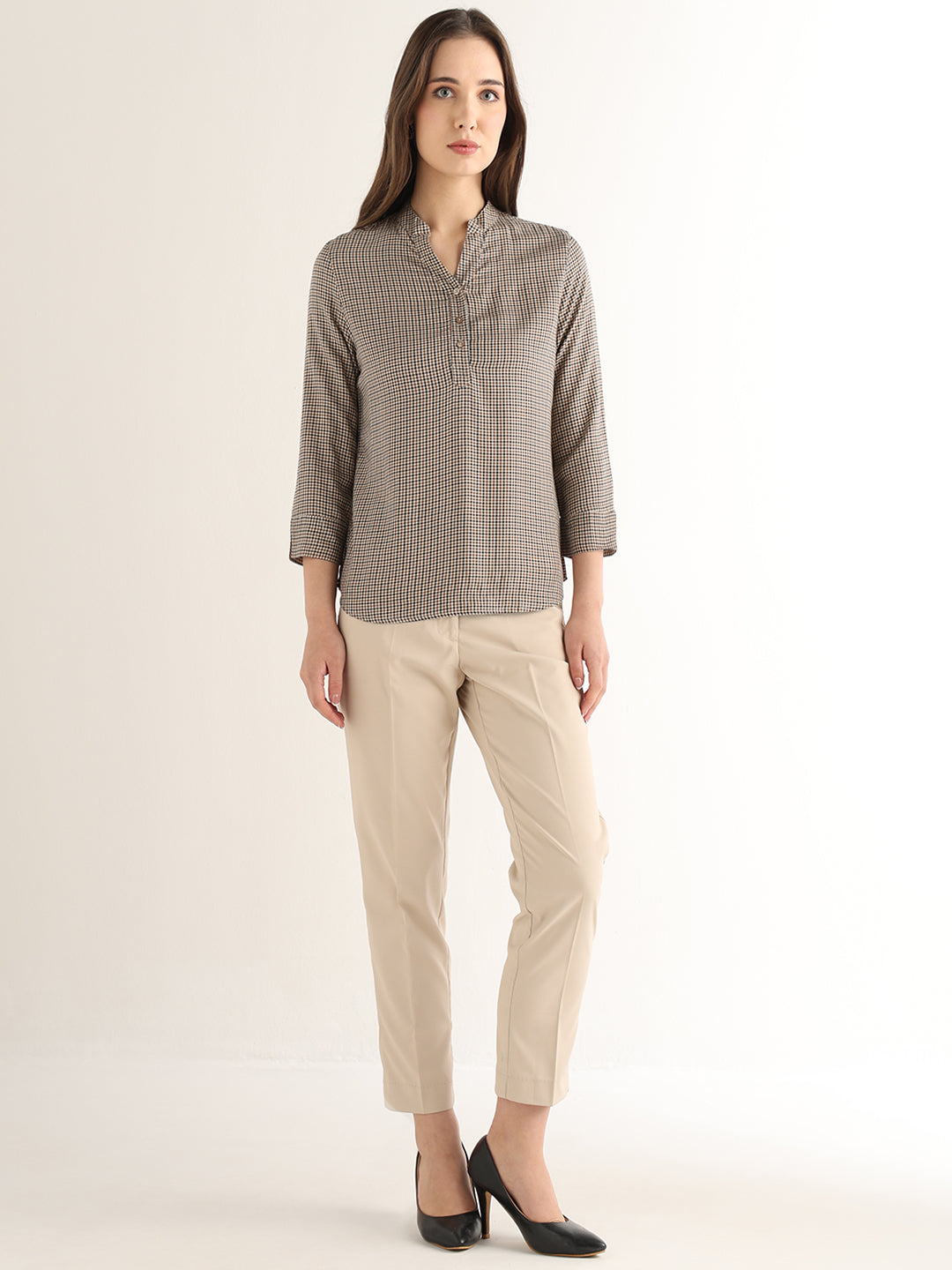 Hancock Women Beige & Brown Checked Viscose Rayon Regular Fit Formal Top