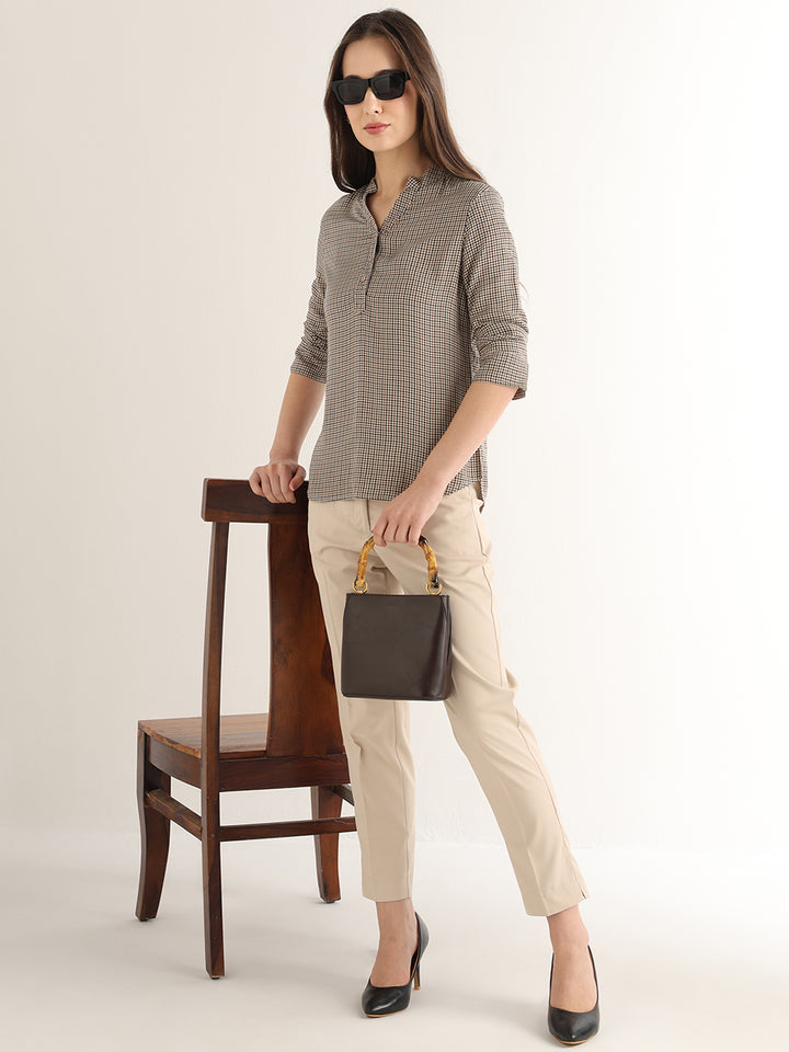 Hancock Women Beige & Brown Checked Viscose Rayon Regular Fit Formal Top